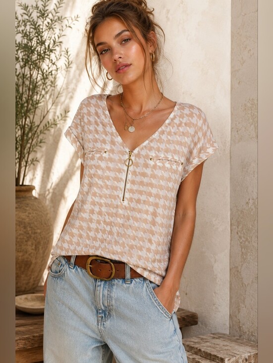 Flower & Feather Tops - Flower & Feather Houndstooth Zip Front Blouse Tan Cream Medium Career Top